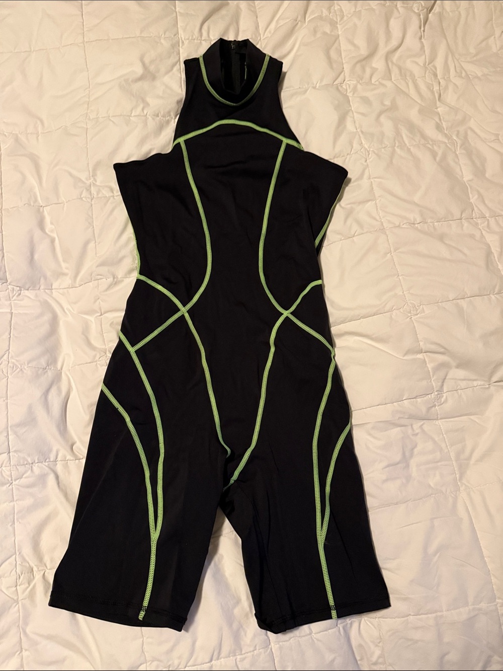 Skims Black Sleeveless One-Piece Romper with Lime Green Piping
